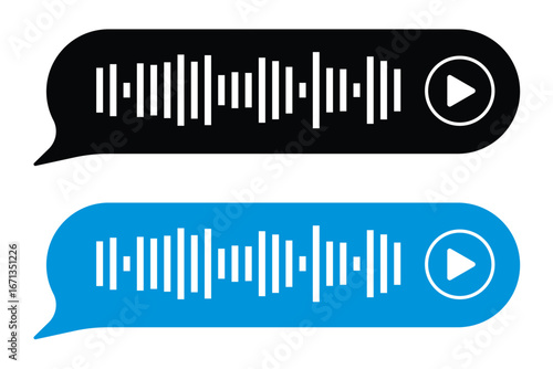 Voice message, audio chat interface and record play bubble, vector messenger playback. Voice message icon of microphone button and sound wave of recording listen in eps 10.