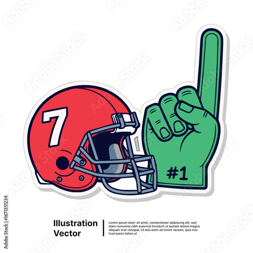Vibrant American football helmet and foam finger graphic celebrating sports enthusiasm and fan spirit