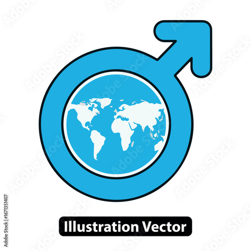 Conceptual Graphic Blending the Male Gender Symbol with a Detailed World Map for Global Themes and Masculinity