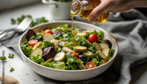 Fresh Green Salad Preparation with Olive Oil Drizzle and Colorful Vegetables