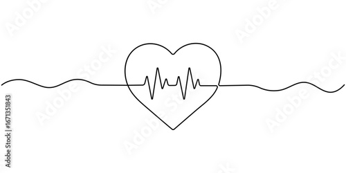 Continuous line representing a heartbeat outline vector art illustration, Heart beat one line. Continuous lines heart beats drawing. Wave pulse. Hand draw heartbeat. Design heartbeat for print. Black.