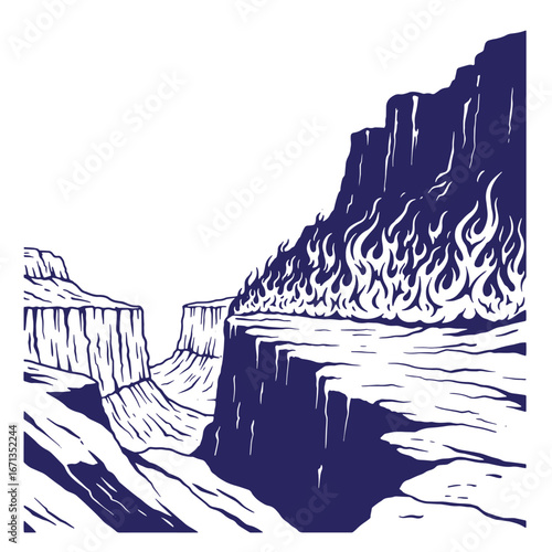 Illustrative depiction of a grand canyon scene with a fiery border and unique style