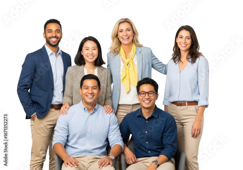 Diverse group of six business professionals, men and women, smiling and looking at the camera, isolated on transparent background
