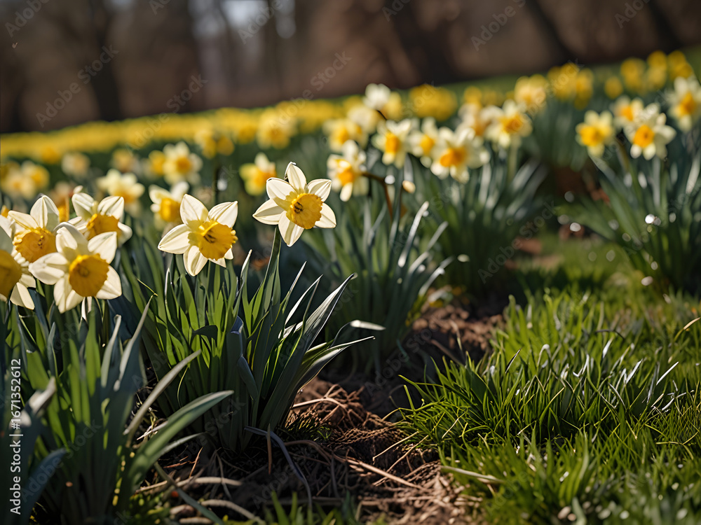 Obraz premium daffodil flowers with sunlight , yellow flowers garden