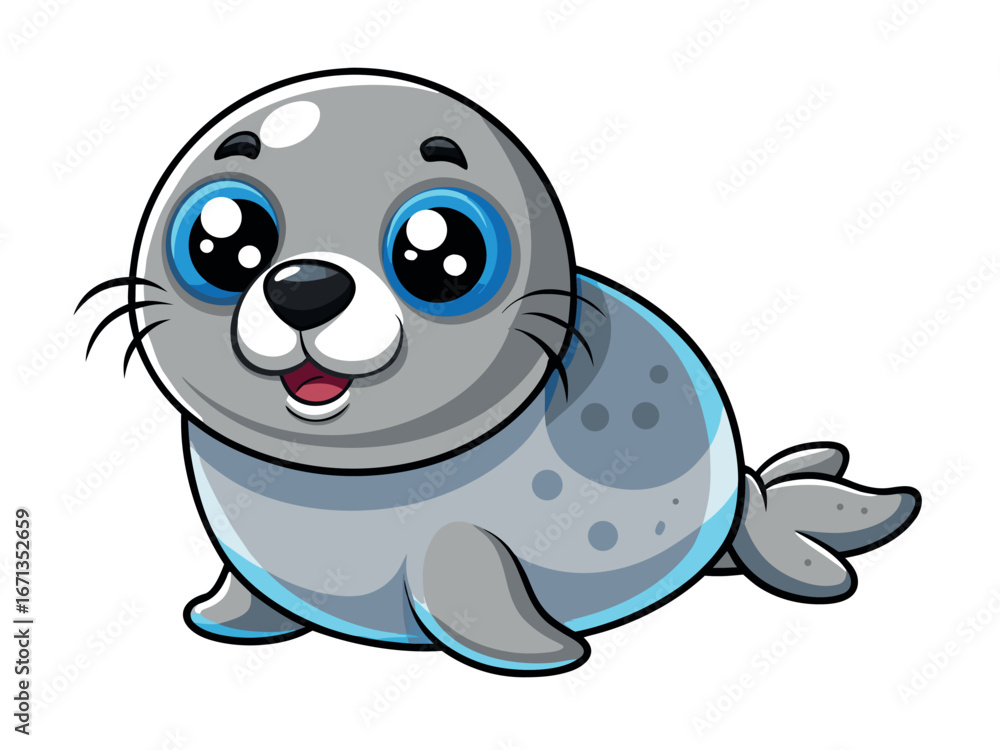 Fototapeta premium Adorable cartoon seal with big blue eyes isolated on white background