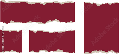 deep red torn paper edge collection with ripped border textures. Realistic paper tear design for background, frame, and collage effects. Vector template for creative projects and layouts.