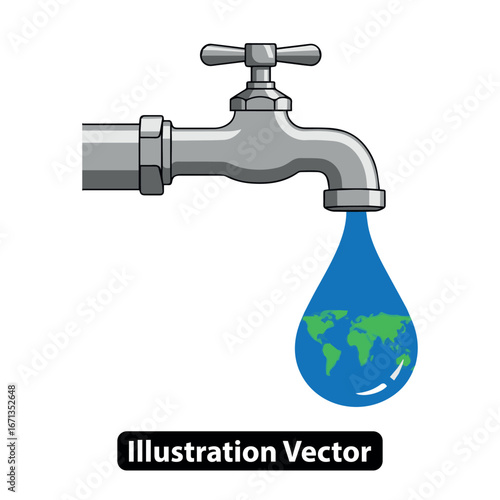 Global water conservation concept showing the Earth inside a single drop from a faucet