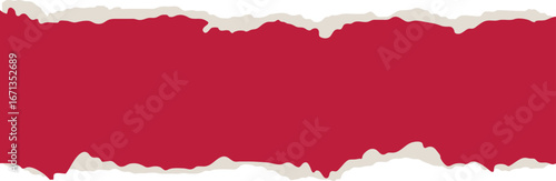 red torn paper edge strip with ripped border design for creative backgrounds. Realistic rough tear effect for collage, banner, and texture use. Vector ripped paper template illustration.
