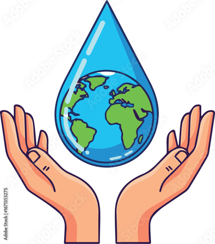 Symbolic illustration of water conservation with hands protecting the Earth in a droplet