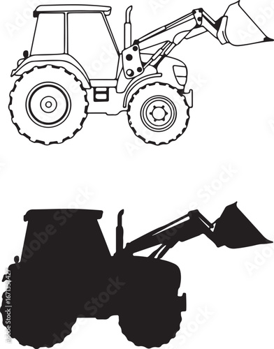 Line art and silhouette of a front-end loader tractor with raised bucket construction heavy equipment