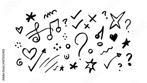 Hand drawn doodle elements for decoration, vector illustration of sketch design with arrow, heart, star, music note and question mark