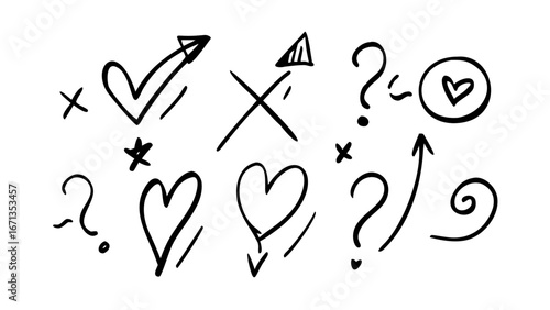 Hand drawn doodle sketch of love and question marks with arrows vector illustration of artistic elements for creative design