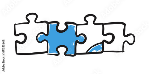 Three puzzle pieces are connected together, one of which is blue, , representing teamwork, collaboration and problem solving