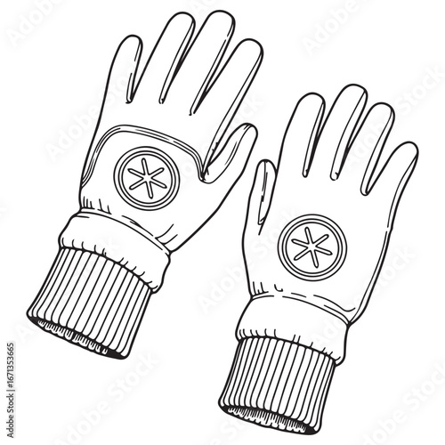 Line Art Illustration of Warm Winter Gloves with a Star Design pair of gloves clothing