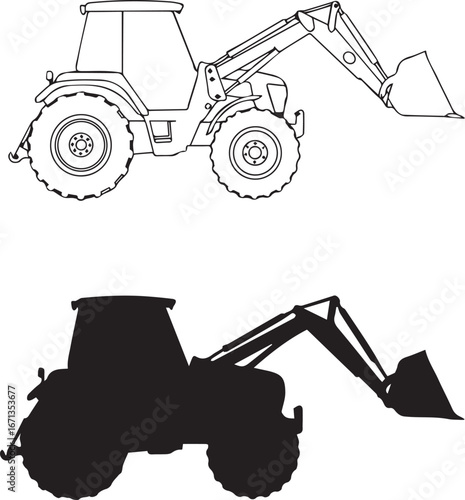 Line drawing and silhouette of a front-end loader tractor with bucket extended construction heavy equipment