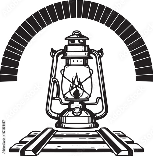 Old-fashioned lantern on railroad tracks under a black arched structure on a white background kerosene