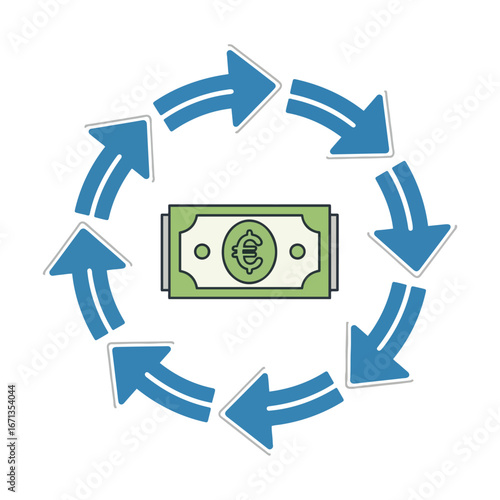 Illustration of a Euro banknote surrounded by circular arrows, representing the concept of financial cash flow, economic circulation, and investment return