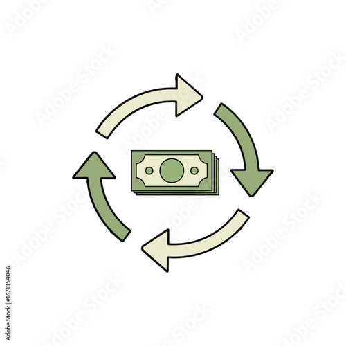 An illustration of a stack of green banknotes encircled by four rotating arrows, symbolizing financial flow and economic exchange.