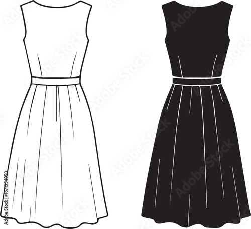 Outline and silhouette of sleeveless A-line dresses with pleated skirts fashion clothing