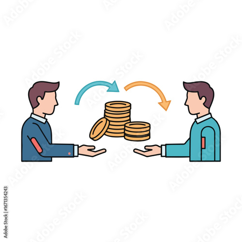 Two individuals exchanging currency, symbolizing financial transactions and economic activity.