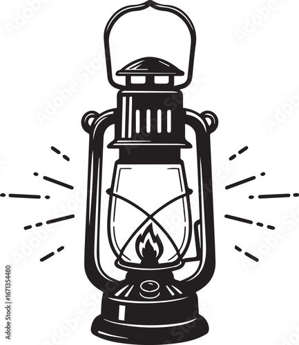 Retro Oil Lantern with Internal Flame and Light Rays Graphic Keywords: oil lantern, kerosene lamp, vintage, retro, light, flame, fire, illumination, antique, classic, portable light, camping