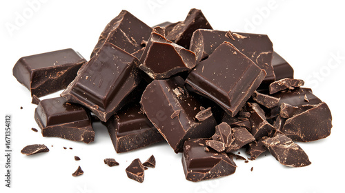 A pile of chocolate pieces on a white background