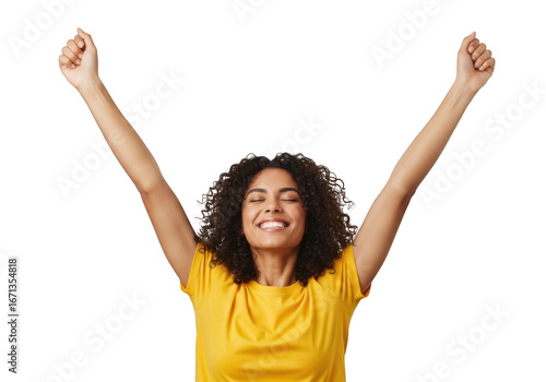 Happy young woman with curly hair celebrating success with arms raised in the air, isolated on transparent background