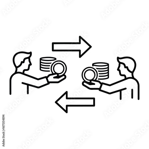 Two stylized figures exchanging stacks of coins, symbolizing a financial transaction or business deal with arrows indicating a reciprocal flow of currency.