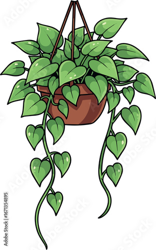 Vibrant green hanging houseplant with trailing vines in a pot, a vector illustration for home decor concepts
