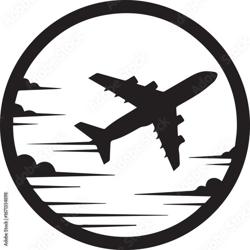 Silhouette of Airplane Flying Through Clouds in Circular Frame vector illustration