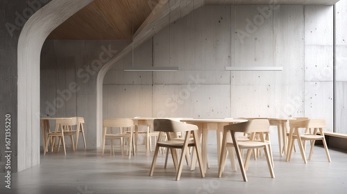 Minimalist Light Wood Chairs and Tables in a Modern Concrete Room.