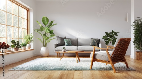 Minimalist living room with clean white walls and warm wood flooring, featuring mid-century modern furniture and soft natural light.