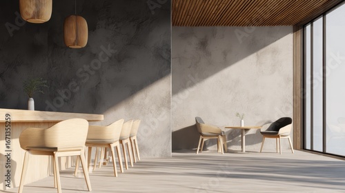 Minimalist Light Wood Chairs and Tables in a Modern Concrete Room.