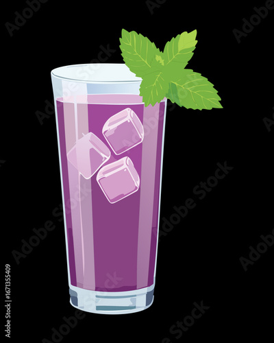 Refreshing Grape Juice in a Glass with Ice and a Mint Leaf, Cool Beverage - Vector Illustration