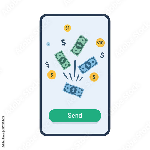 Conceptual illustration of a mobile banking app for sending money, showing a smartphone with cash, dollars, and coins flying out. Digital wallet and online payment technology vector