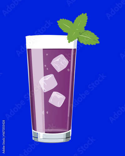 Grape Juice with Ice Cubes and a Mint Garnish in a Tall Glass, Summer Drink - Vector Illustration