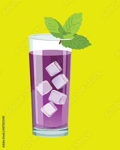 Refreshing Grape Juice with Ice Cubes and a Mint Leaf in a Tall Glass - Vector Illustration