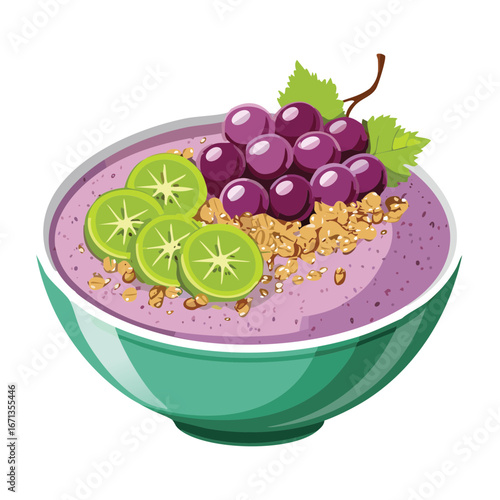 Delicious fruit smoothie bowl topped with fresh grapes, kiwi slices, and crunchy granola for health - Vector Illustration