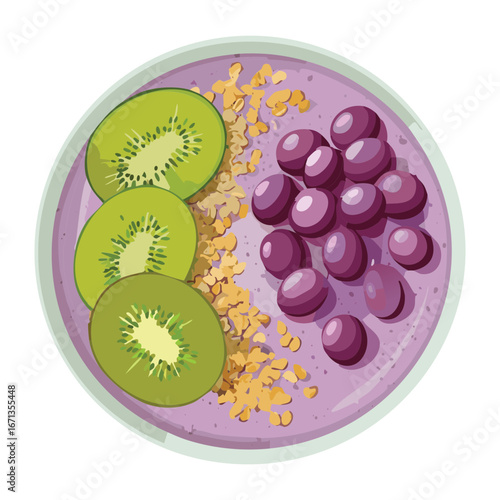 Healthy breakfast smoothie bowl with fresh berries, kiwi, and granola, a vibrant and nutritious meal - Vector Illustration