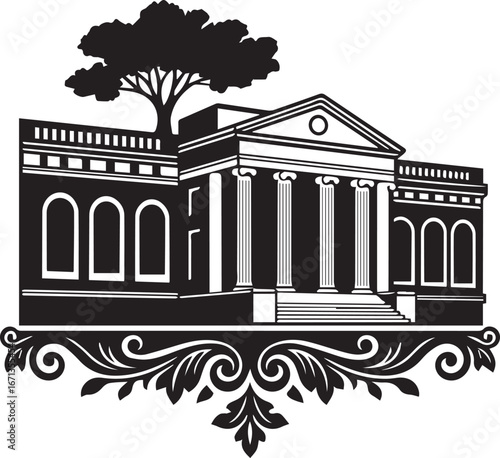 Stylized black silhouette of a classical building with a tree and ornate decorative elements architecture