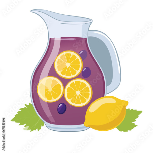 Transparent Pitcher of Lemonade with Fresh Lemon Slices and Purple Grapes - Vector Illustration