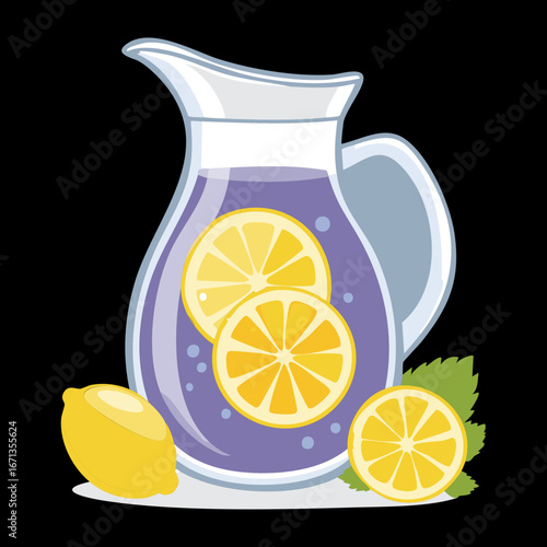 Iced Lemonade Jug with Sliced Lemons and Purple Grapes for a Cool Summer Drink - Vector Illustration