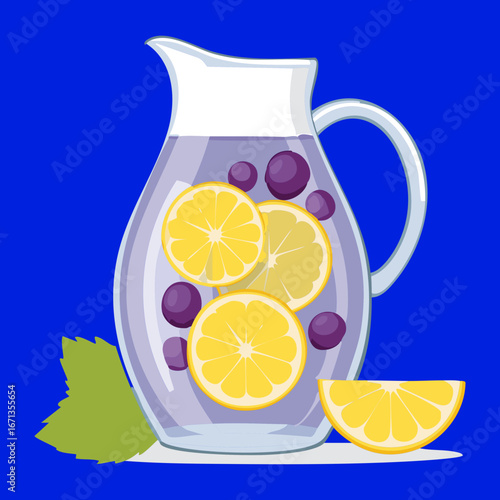 Refreshing Lemonade in Glass Pitcher with Sliced Lemons and Grapes, Summer Beverage - Vector Illustration