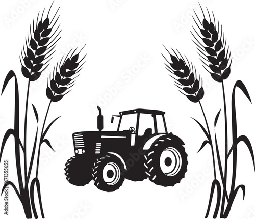 Stylized black silhouette of a tractor framed by wheat stalks on a white background agriculture farming