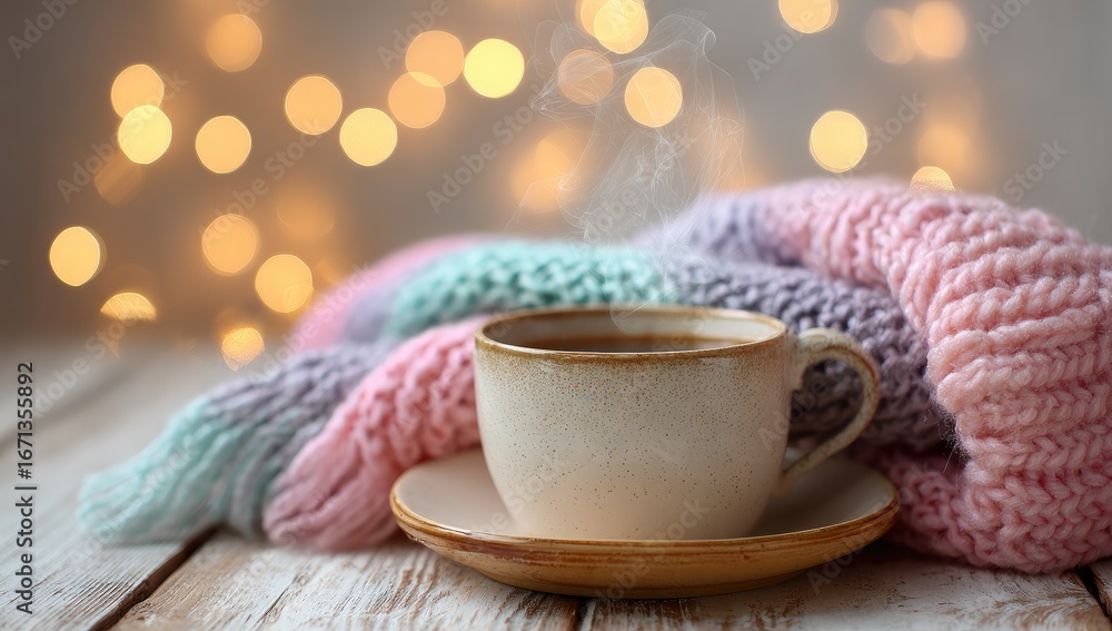 Fototapeta premium Cozy cup of coffee with a warm knitted blanket
