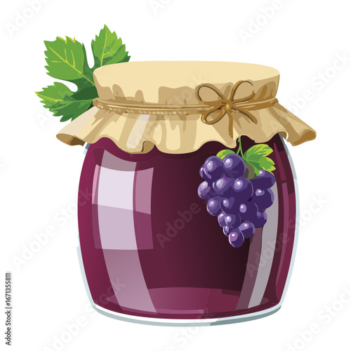 Homemade Grape Jam in Glass Jar with Fresh Grapes and Leaves for Sweet Spread - Vector Illustration