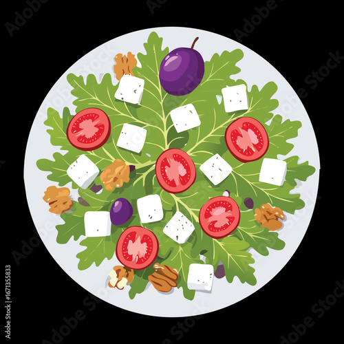 A delicious and healthy salad with fresh greens, purple grapes, crumbled feta cheese, and nuts for a satisfying meal - Vector Illustration