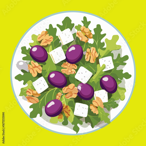 A balanced salad with fresh arugula leaves, purple grapes, walnuts, and white cheese cubes, a simple and healthy recipe - Vector Illustration