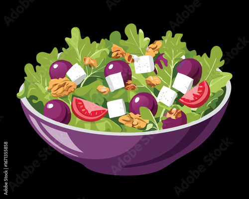 Nutritious bowl of green salad with purple grapes, nuts, and cubes of white feta cheese, a perfect healthy lunch - Vector Illustration