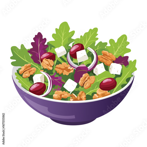A vibrant green salad with purple grapes, fresh greens, walnuts, and white feta cheese, a delicious and nutritious meal - Vector Illustration